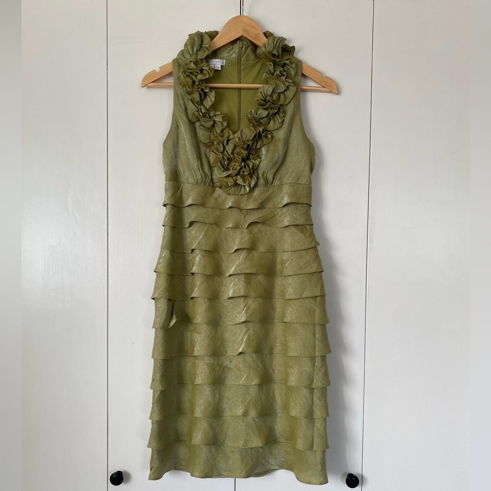 London Times Green Ruffle Tiered V Neck Midi Dress